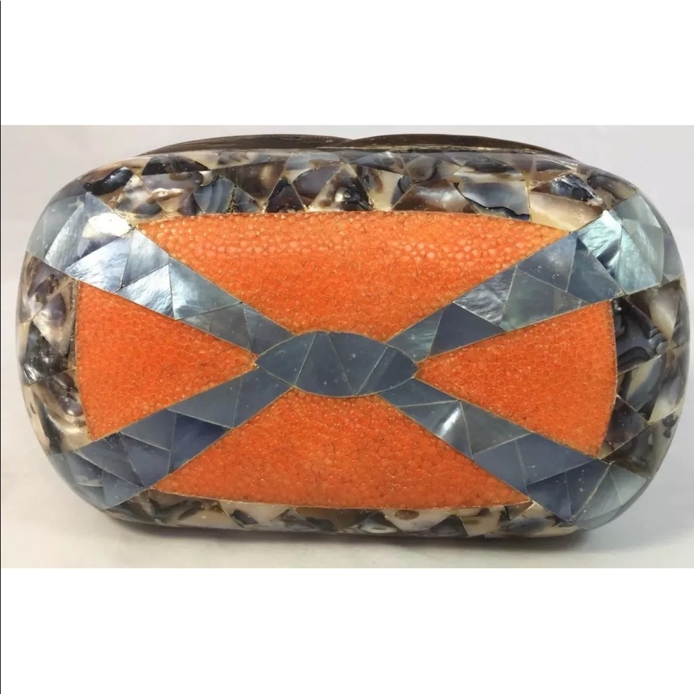 New Handmade Minaudière Clutch Orange Shagreen Leather Mother Of Pearl Inlaid